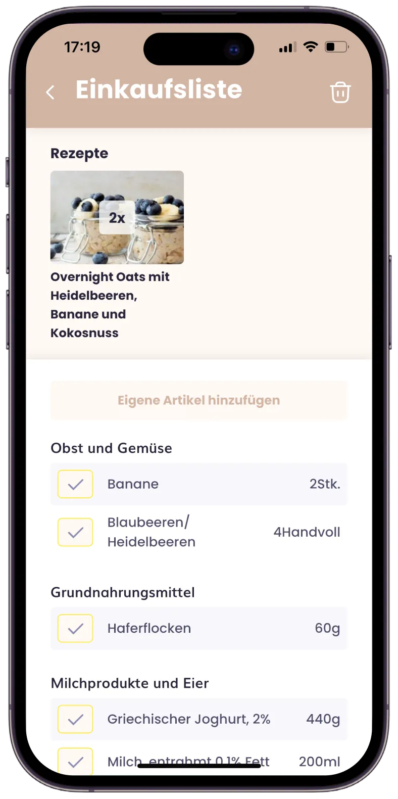 Integrierte Einkaufsliste